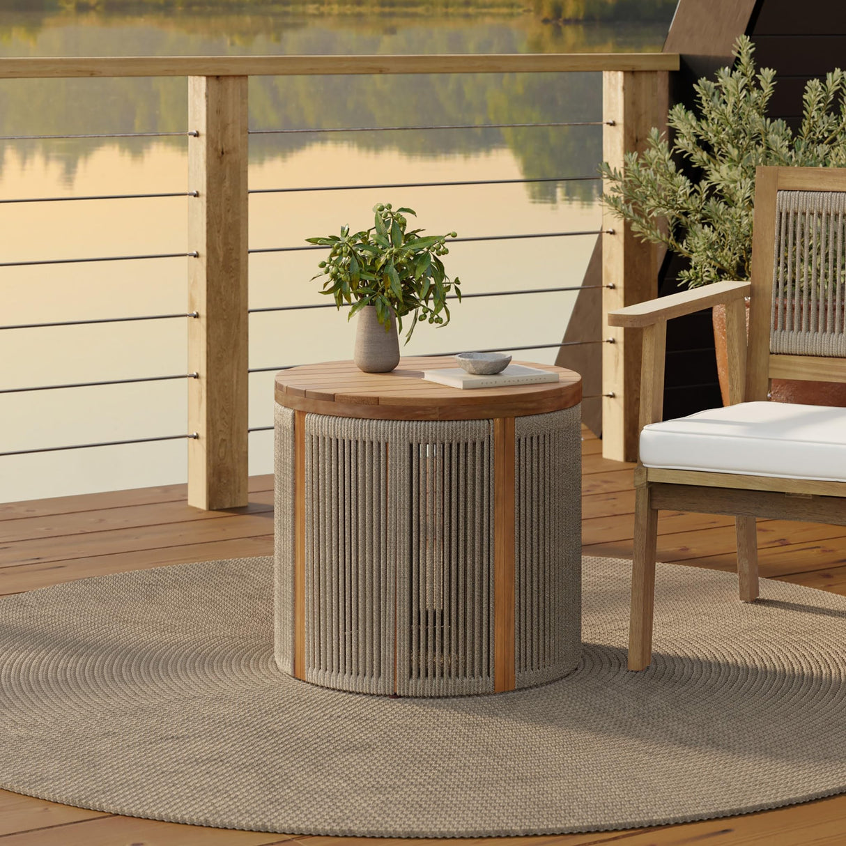 LuxenHome Outdoor Side Table, 17'' Tall Rope Acacia Wood Outdoor End Tables for Patio, Garden Accent Table, Modern Round Side Table for Outside, Wooden Drum Table Indoor and Outdoor - Bircata