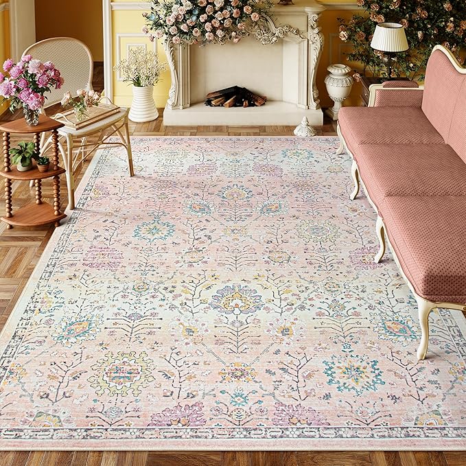 Pink Boho Area Rug, 8x10 Pink Rugs for Bedroom Girls Large Living Room Area Rugs