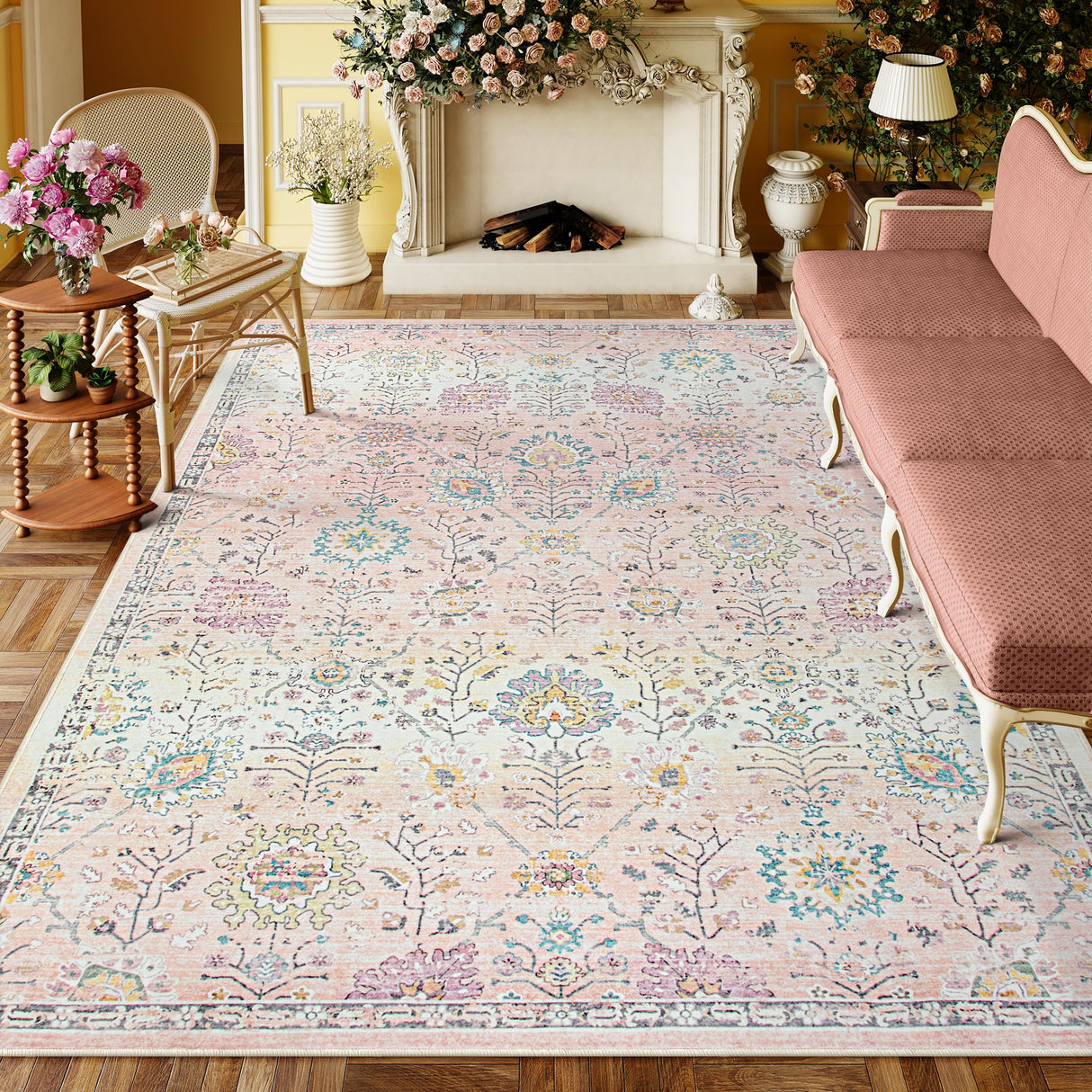 Pink Boho Area Rug, 8x10 Pink Rugs for Bedroom Girls Large Living Room Area Rugs Soft Floral Playroom Rug, Washable Rugs 8x10 Non Slip Pastel Rug for Bedroom Living Room Pink Carpet