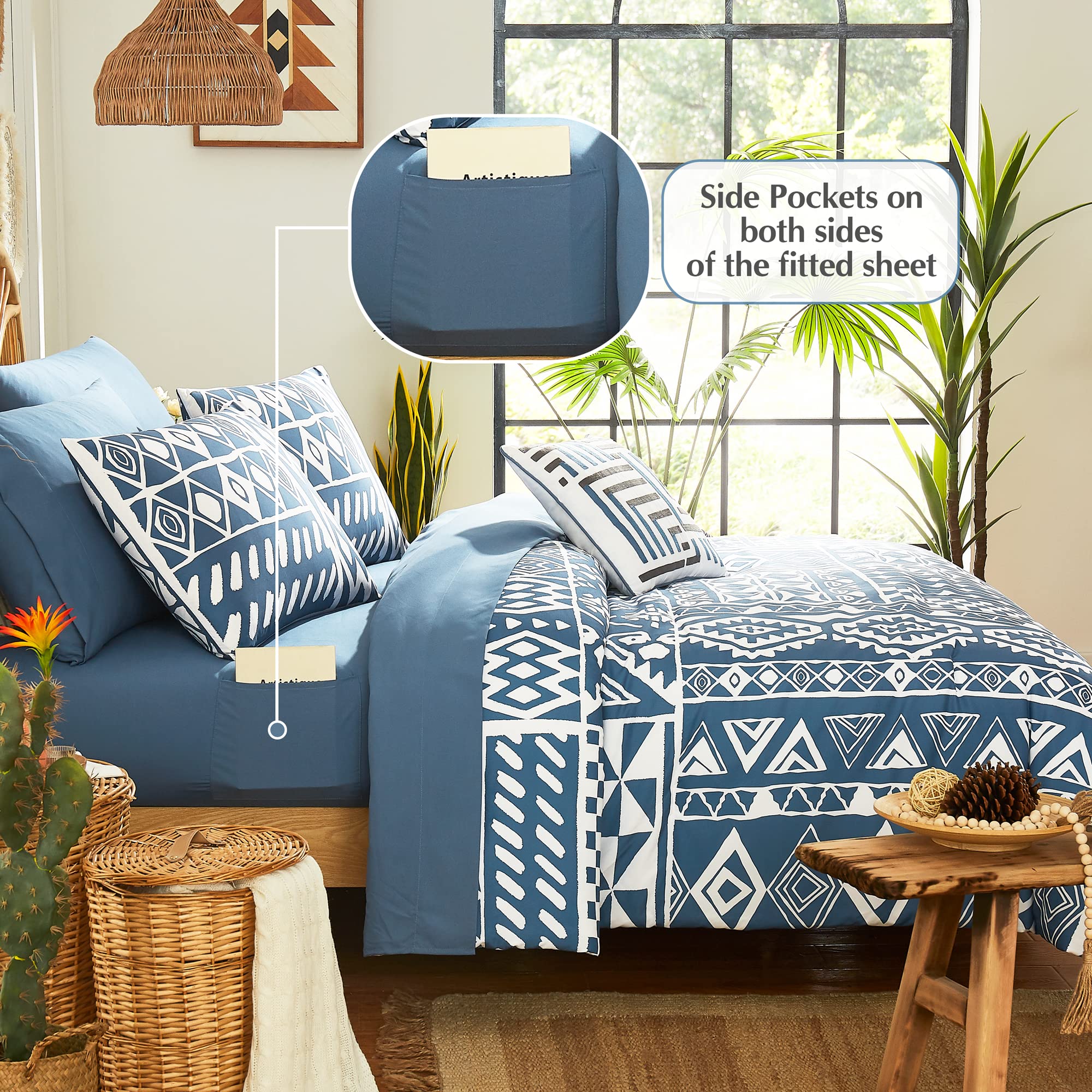 Geniospin King Size Comforter Sets, Boho Bedding Set 8 Pieces, All Season Down Alternative Comforter Set, Reversible Bedding with Soft Microfiber Fill Bedding, Lightweight (Blue, 102x90 inches)