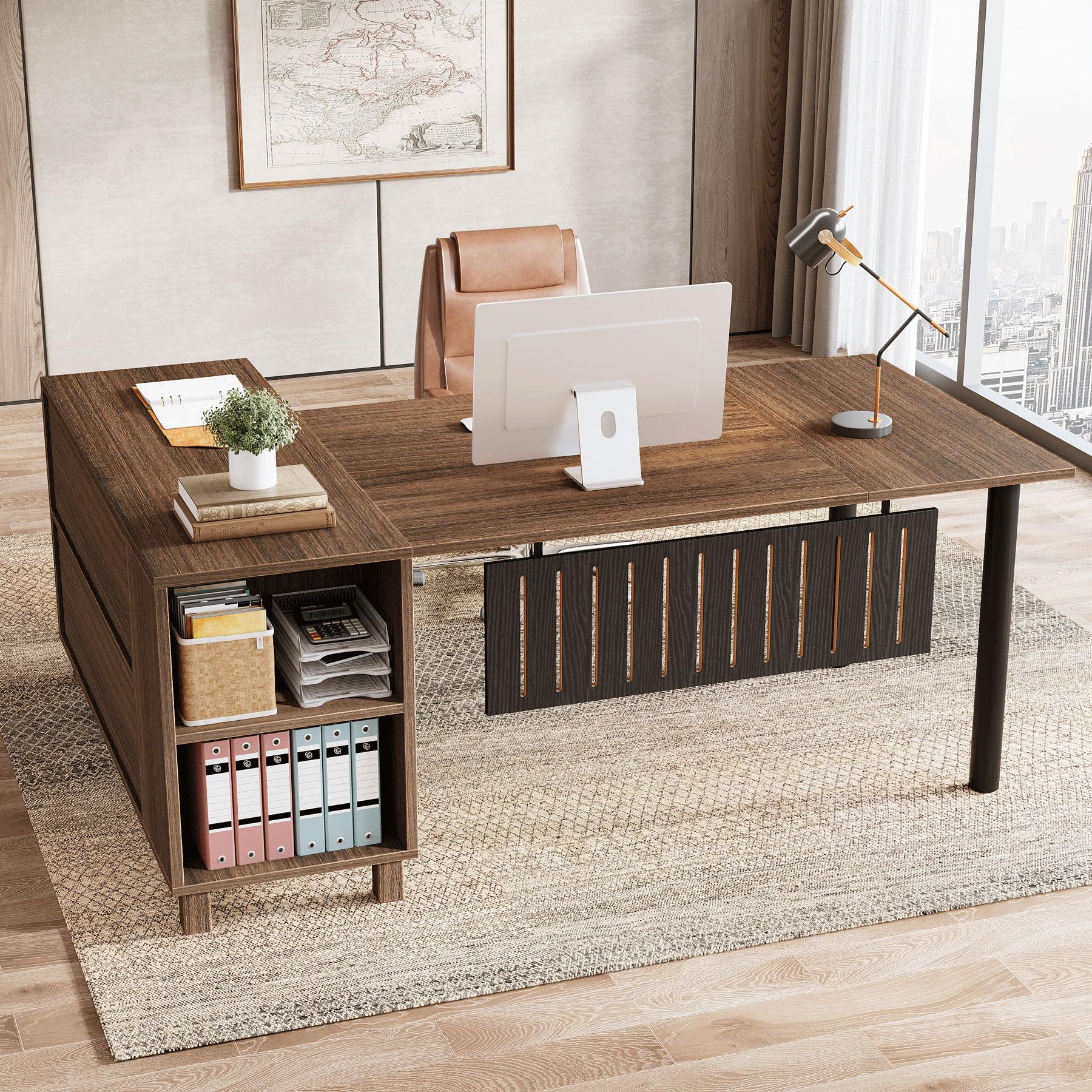 63-Inch L-Shaped Executive Desk, Large Office Desk with Storage Cabinet Shelves, L