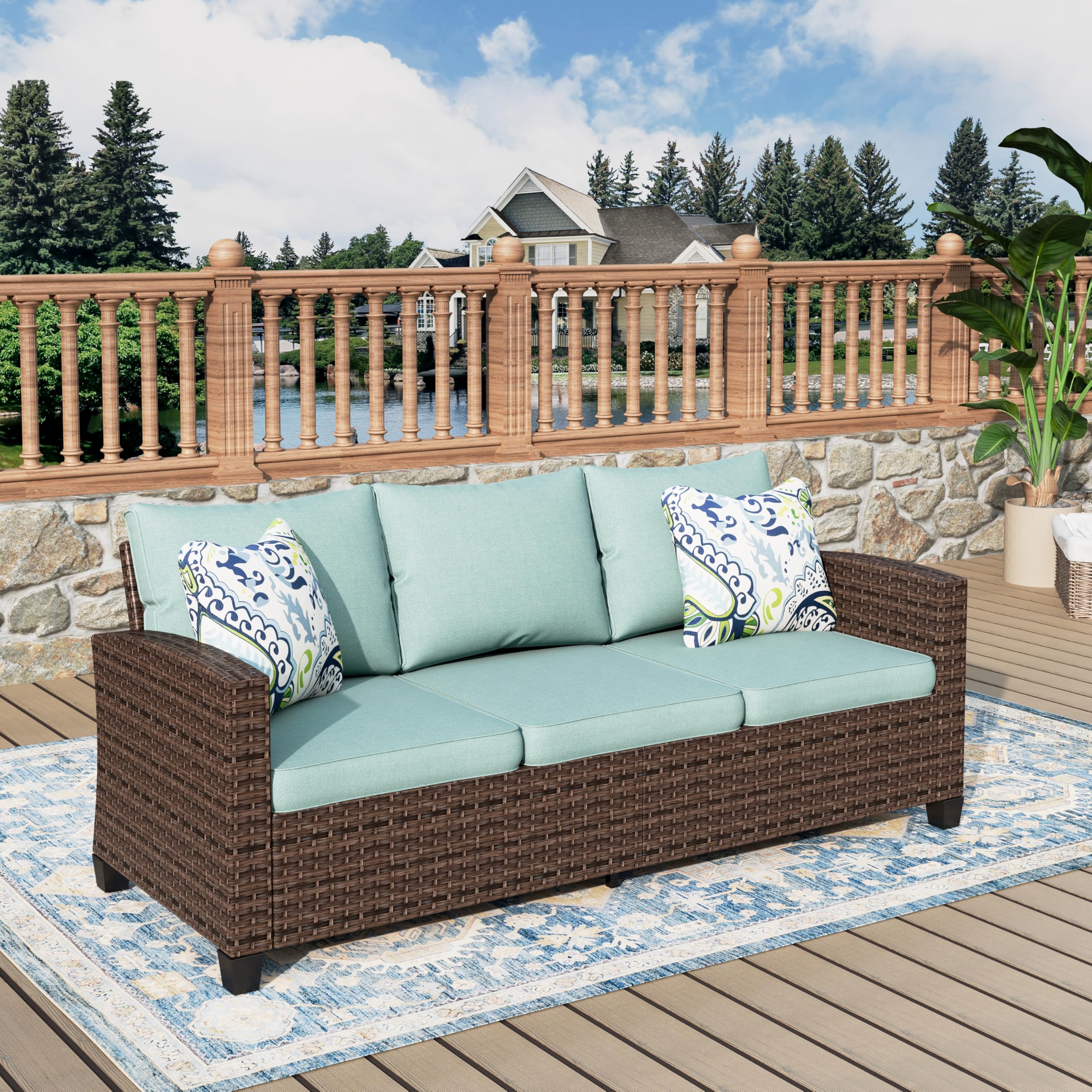 Patio Couch Wicker 3-Seat Outdoor Brown Rattan Sofa