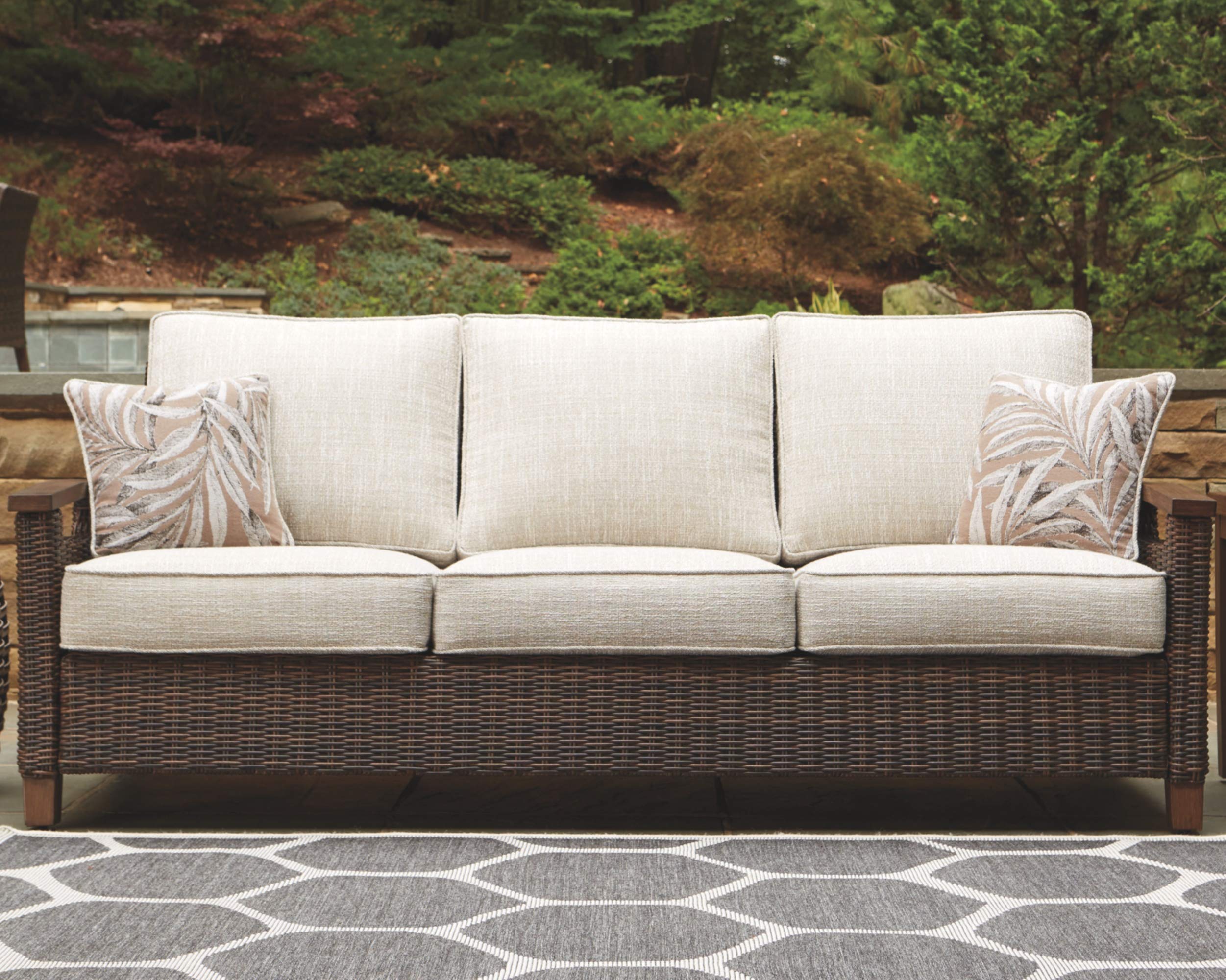 Paradise Trail Outdoor Patio Sofa with Cushion and 2 Pillows, Brown & Beige