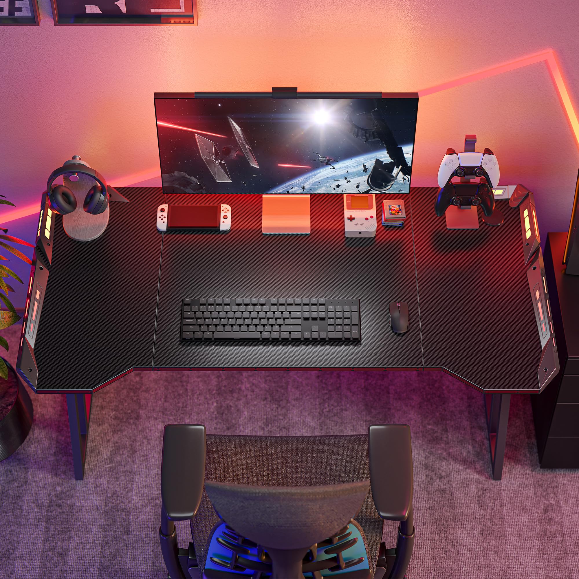 47 inch Gaming Desk with LED Lights for Home Office, Black