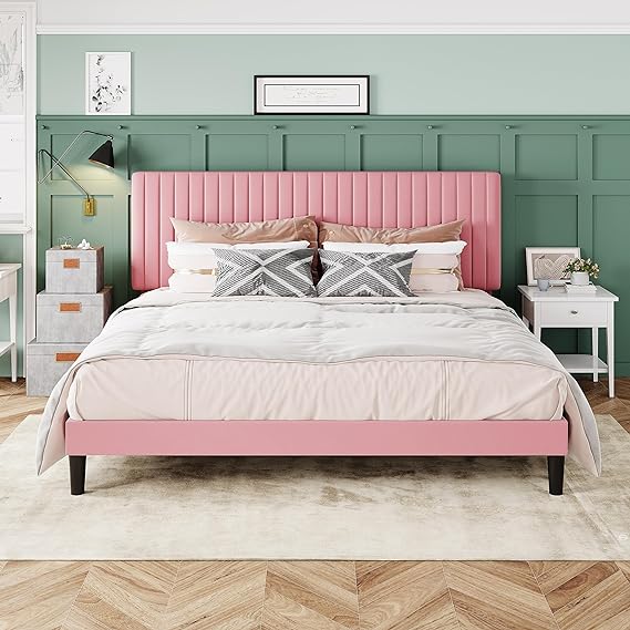 Queen Bed Frame, Velvet Upholstered Platform Bed