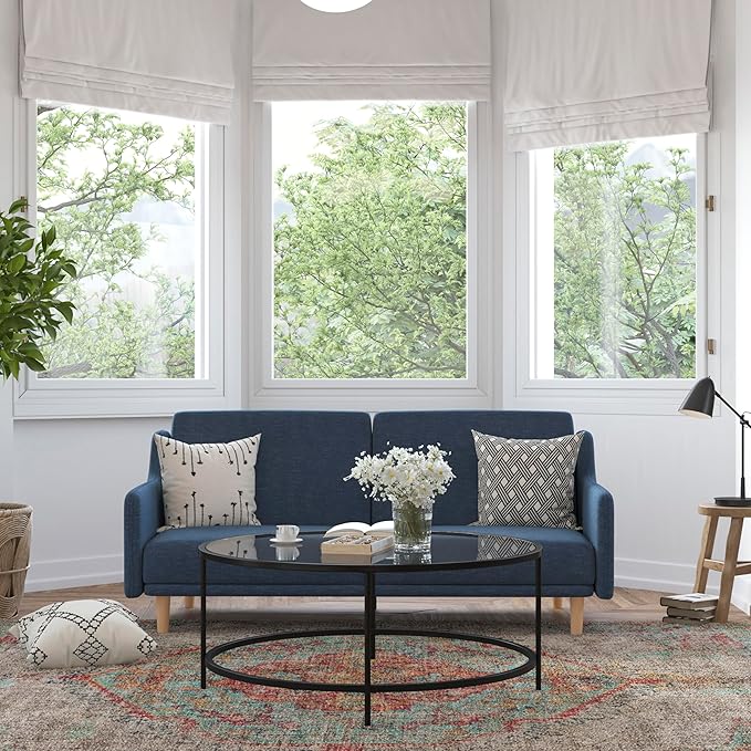 Delphine Convertible Split Back Sofa Futon - Navy Faux Linen Upholstery