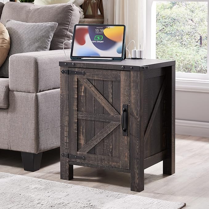 Nightstand with Charging Station, 18 Inch Farmhouse End Table with Barn Door and Adjustable Storage Shelf