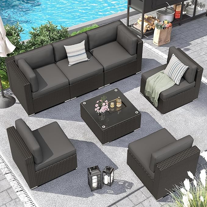 Outdoor Patio Furniture Set 7-Piece All-Weather Sectional Sofa Outside Couch