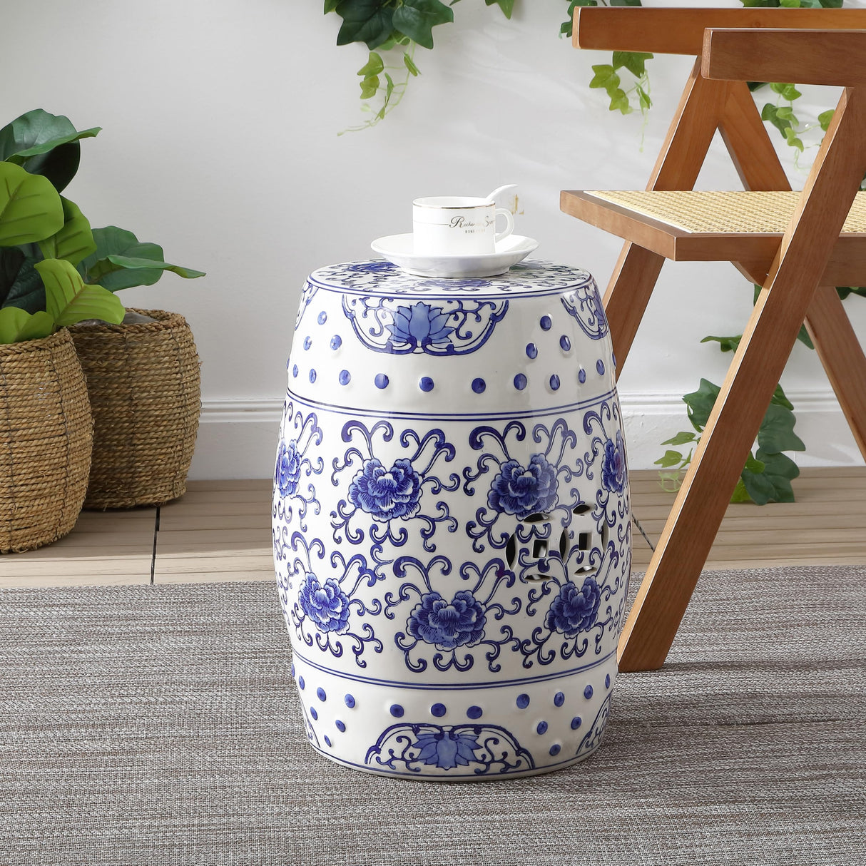 TBL1000A Lotus Flower 17.8" Chinoiserie Ceramic Drum Garden Stool Bohemian,