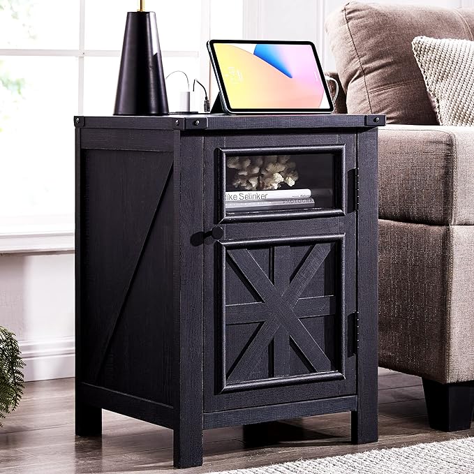 Farmhouse End Table with Charging Station, 18'' Rustic Nightstand