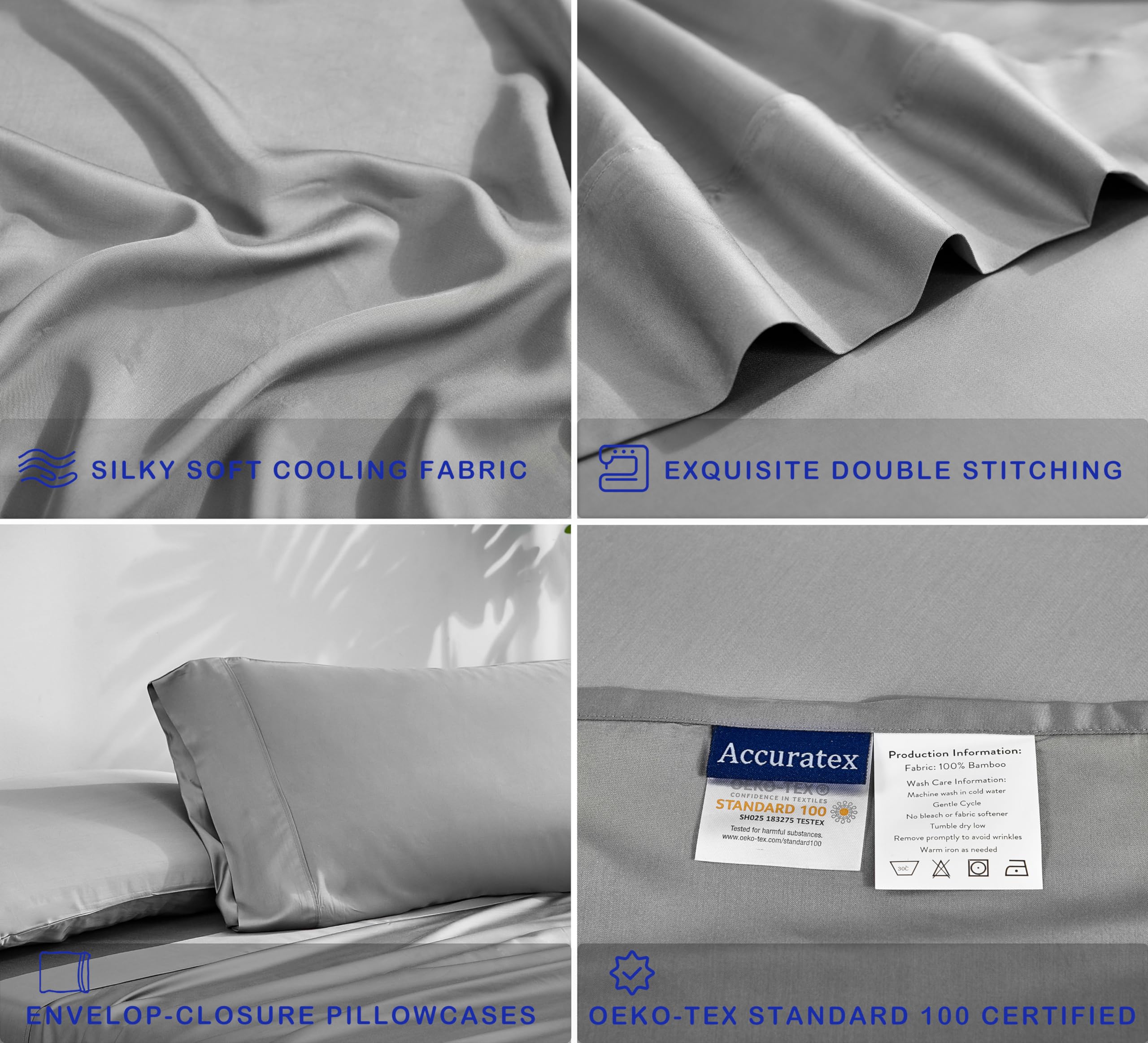 Cooling Sheets King Size Grey - Viscose Made from Bamboo, Luxury Hotel Sheet Set