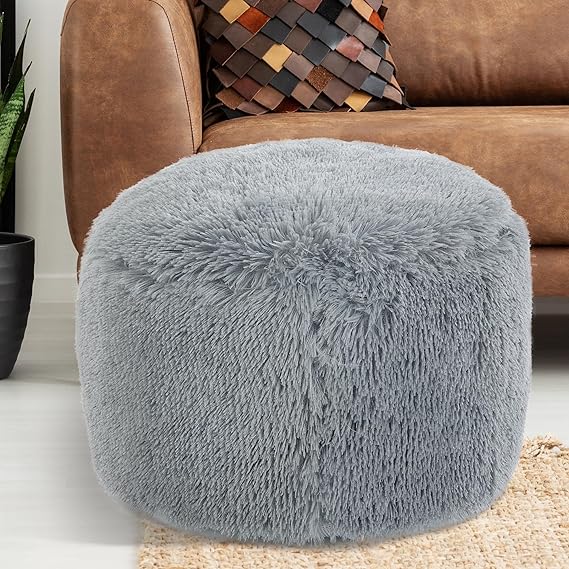 Fluffy Pouf Ottoman with Down-Alternative Filling, Stuffed Round Faux Fur Pouf