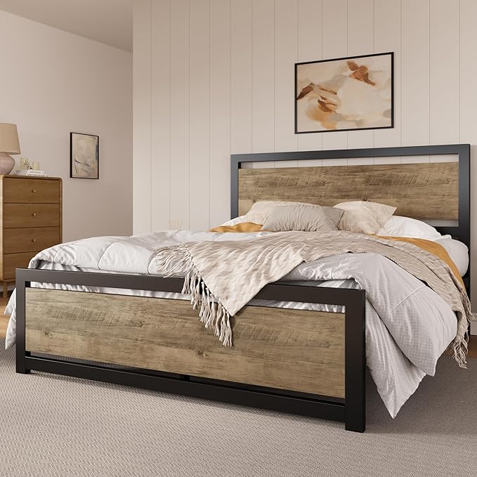 Full Size Bed Frame with Modern Wooden Headboard