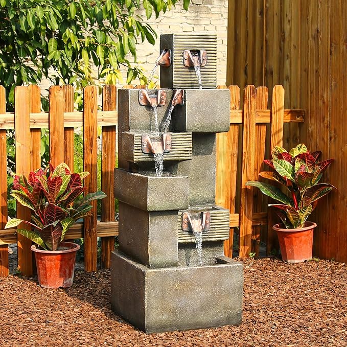 Outdoor Rustic 6-Tiered Barrel and Pump Water Fountain Outdoor Waterfall Fountain 39.96"