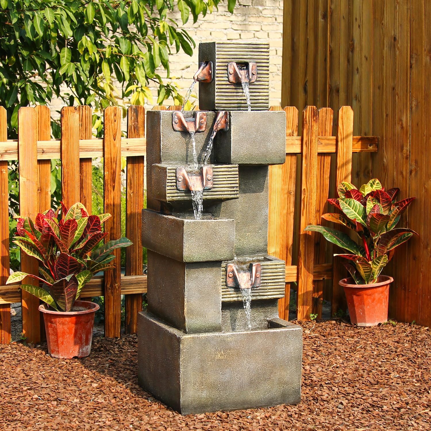Outdoor Water Feature Fountain Tiered Waterfall Indoor Freestanding Cascade Fountains Modern Cube Style