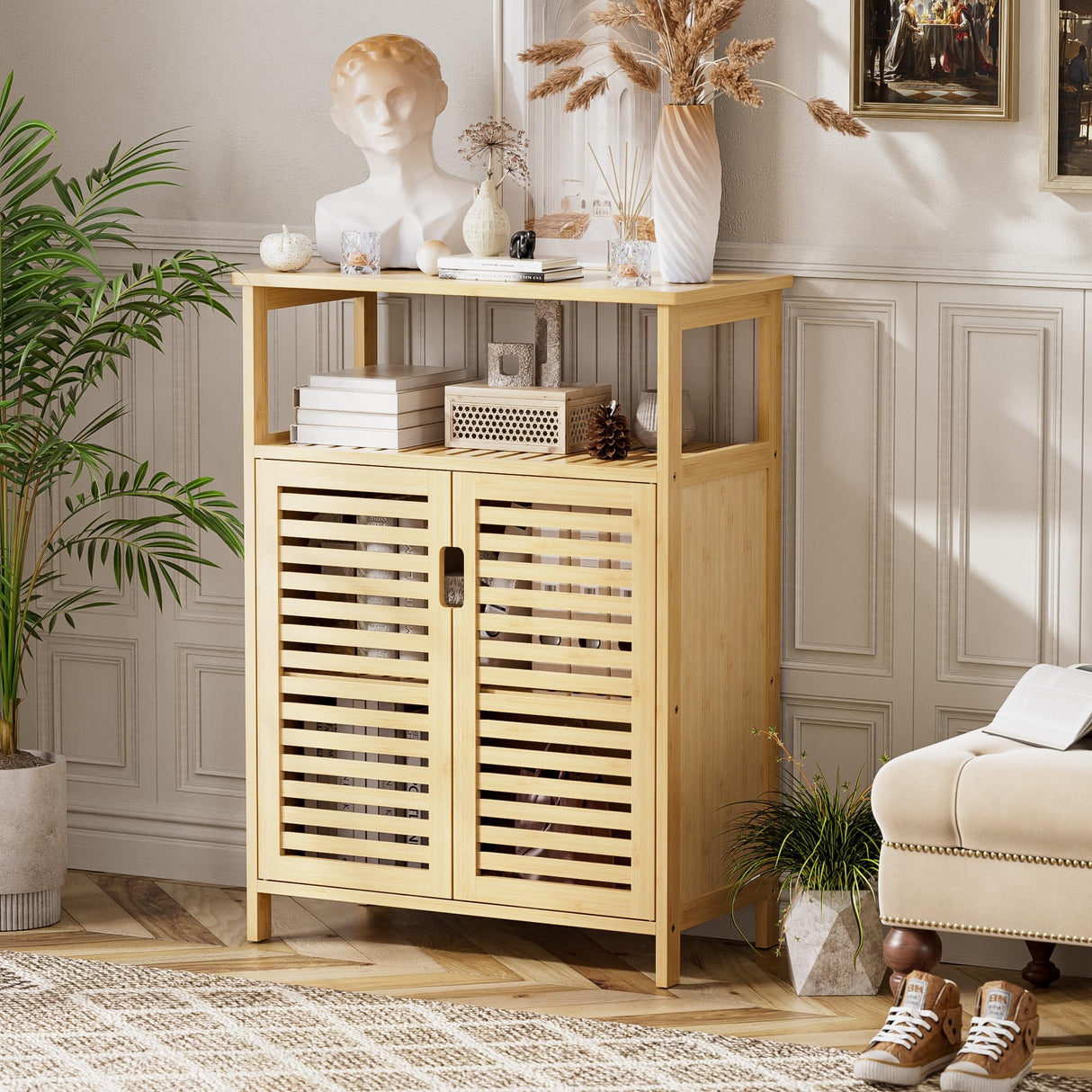 Bathroom Cabinet Freestanding, Bamboo Storage Cabinet 4-Tier Floor Cupboard