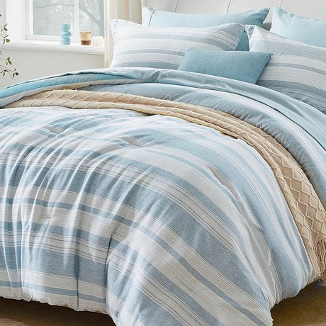 King Size Comforter Set, 7 Pieces Bed in a Bag Blue Striped, Lightweight Cationic Dyeing