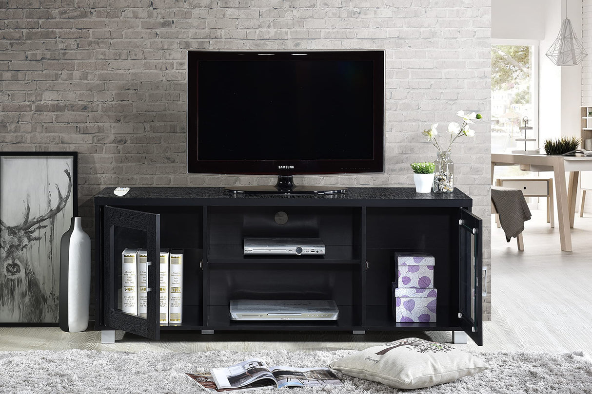 TV Stand with Two Transparent Doors for Cabinet Storage & One Shelf, Black