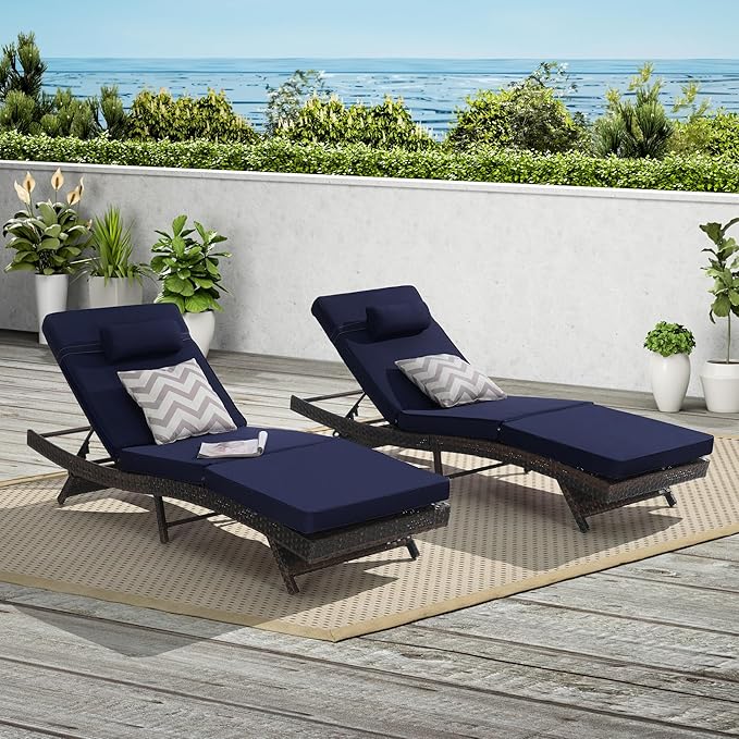 Outdoor Wicker Long Reclining Chair Set of 2 with Cushion