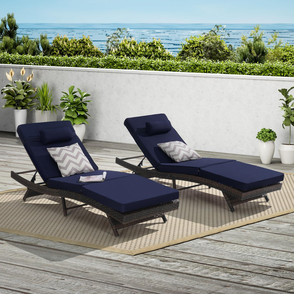 KEIKI Outdoor Long Reclining Chair Set of 2, PE Wicker Chaise Lounge Chairs with 5-Level Adjustable Backrest, Sunbathing Chairs Recliner up to 150° for Poolside, Garden, Beach, Deck, Dark Blue