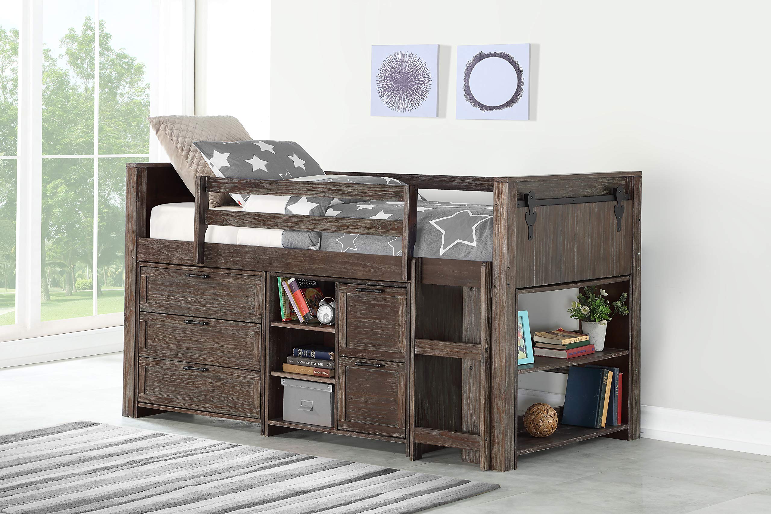 Kids Rodeo Country Twin Barn Door Low Bed in Brushed Shadow Finish-Combo A Loft