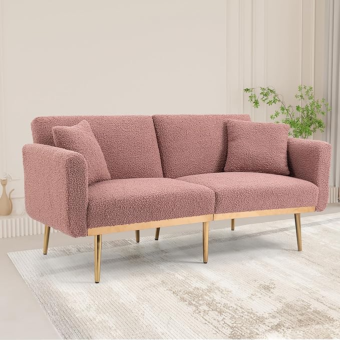 Mid-Century Modern Velvet Loveseat, Petite Accent Sofa Couch with 7 Gold Metal Legs