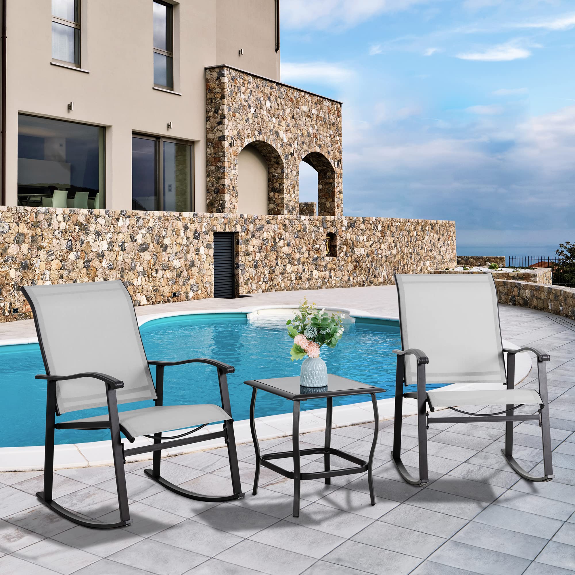 3 Piece Outdoor Rocking Bistro Set, Textilene Fabric Small Patio Furniture Set