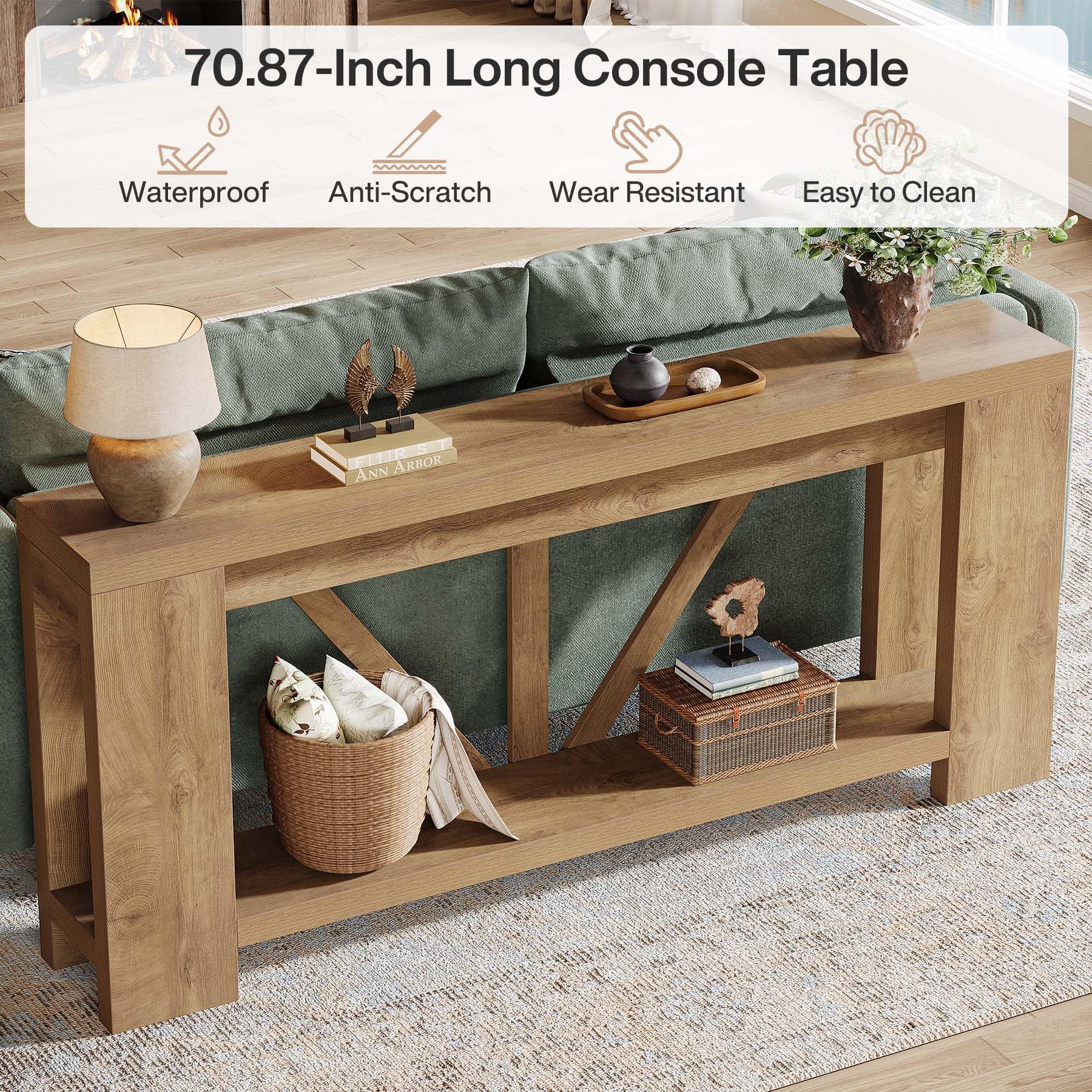 70.9" Extra Long Farmhouse Console Table with Storage - Light Brown