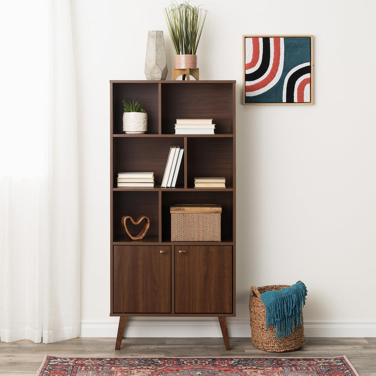 Mid-Century Modern Bookcase with Six Shelves, Two Doors, and Brushed Brass-Finished
