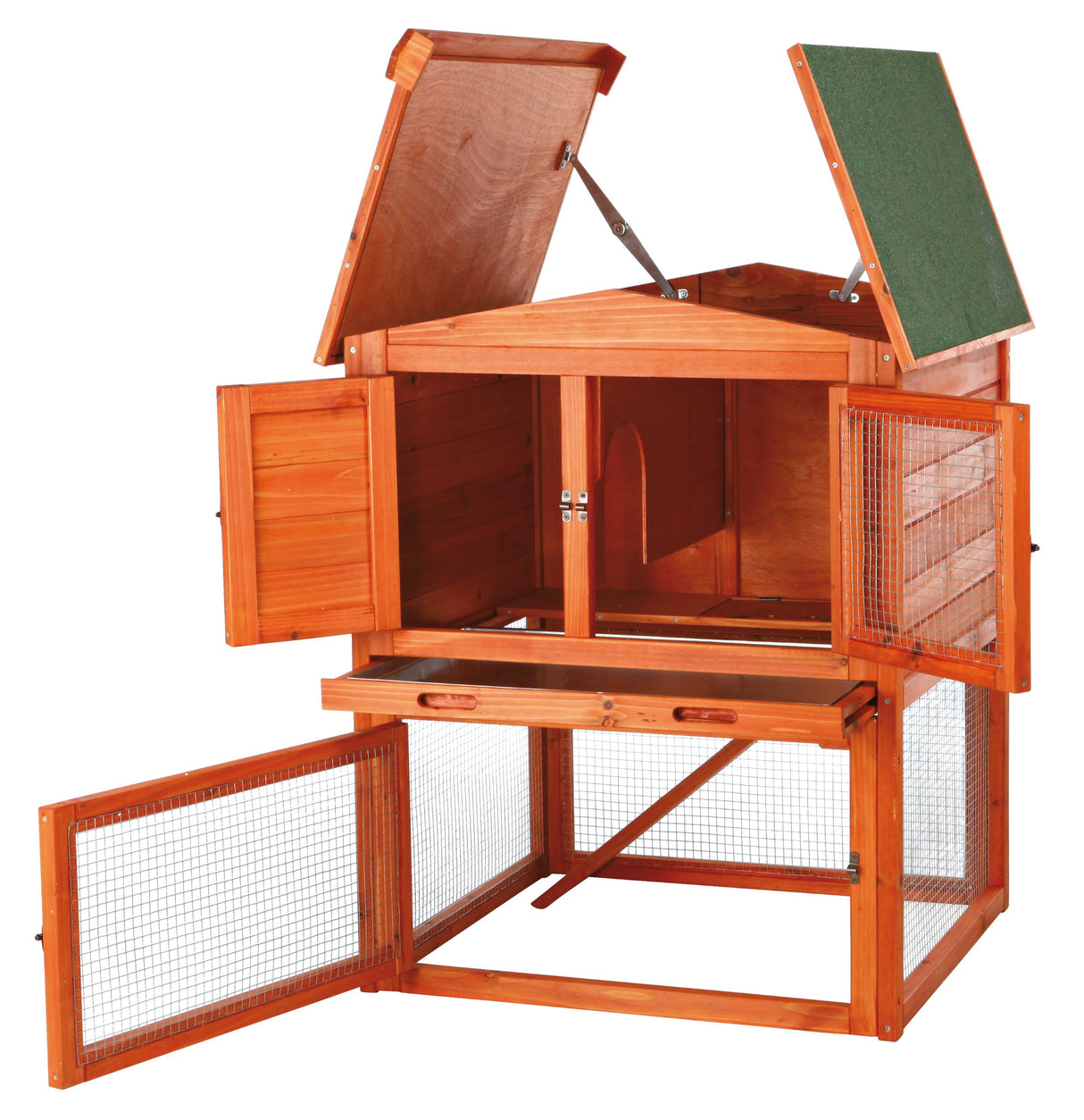 Natura Single Rabbit Hutch with Run, 2-Story with Ramp, Pull-Out Tray, Hinged Peaked Roof