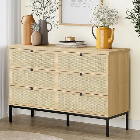 Natural Rattan 6 Drawer Double Dresser for Bedroom, Industrial Wood Clothing Organizer