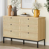 Natural Rattan 6 Drawer Double Dresser for Bedroom, Industrial Wood Clothing Organizer