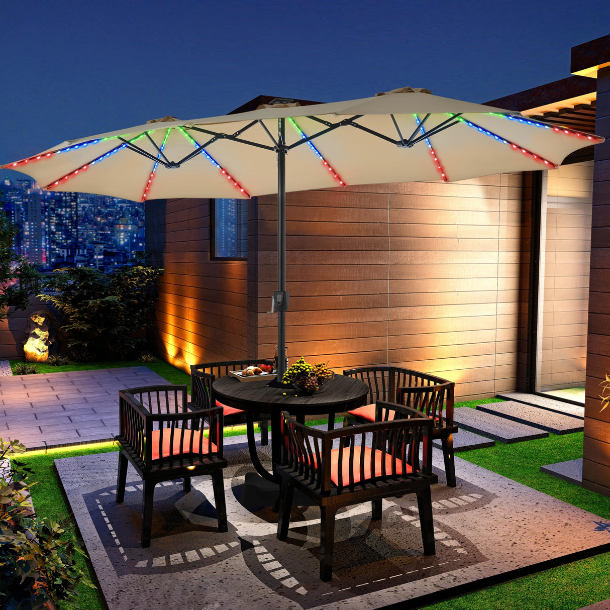15 ft Large Patio Umbrella with Solar Lights, Double-Sided Rectangle Outdoor Market Umbrellas
