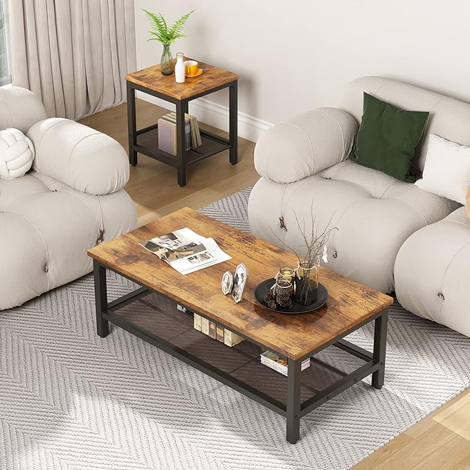 3 Pieces Living Room Table Set, Industrial Coffee Table with 2 Square End Side Tables