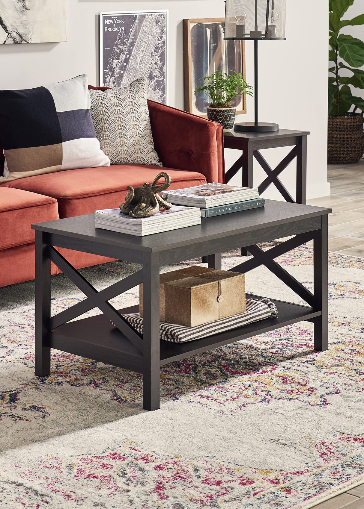 3935 X-Frame Design Coffee Table with Shelf, Black Walnut Wood