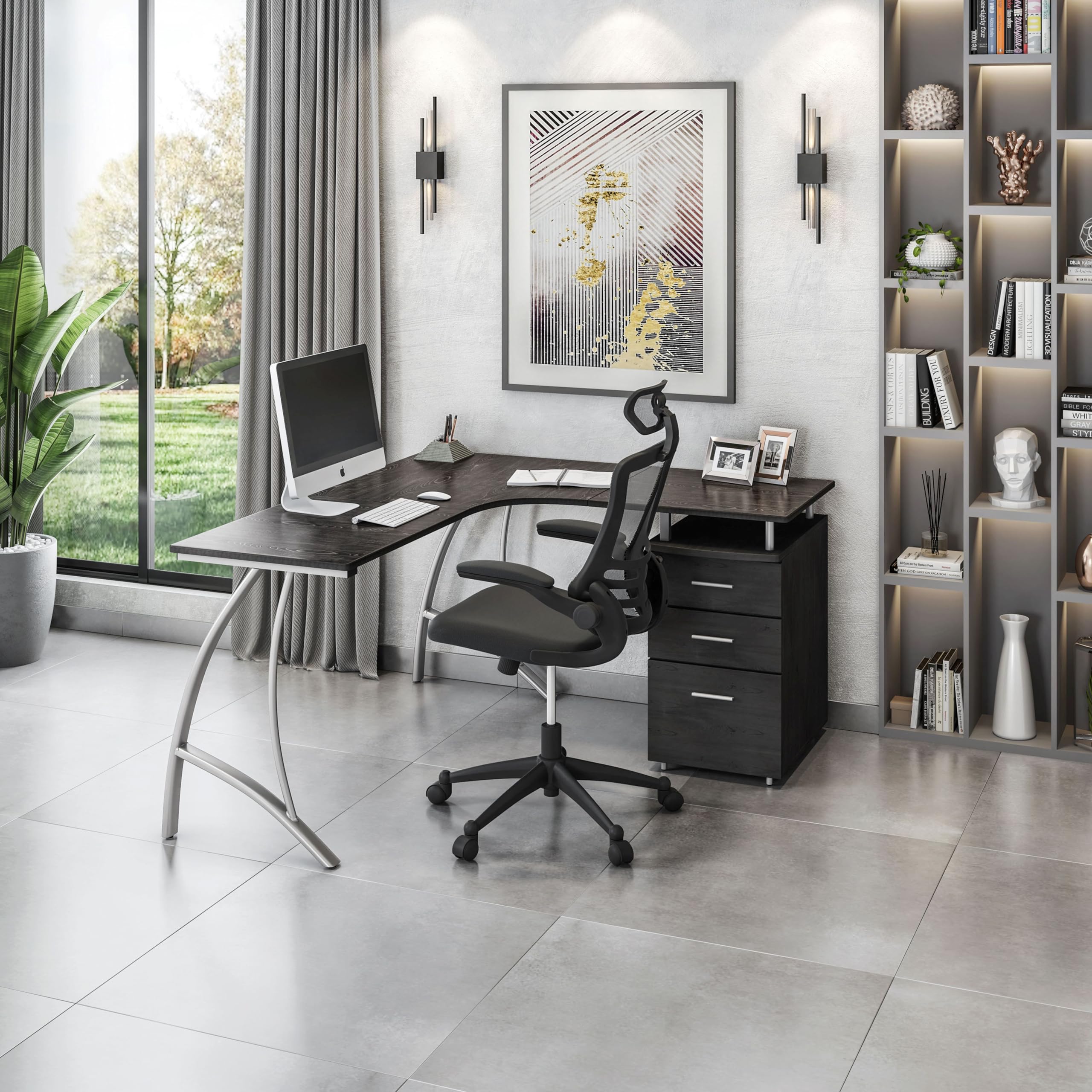 Modern Computer File Cabinet and Storage L-Shaped Desk, Espresso