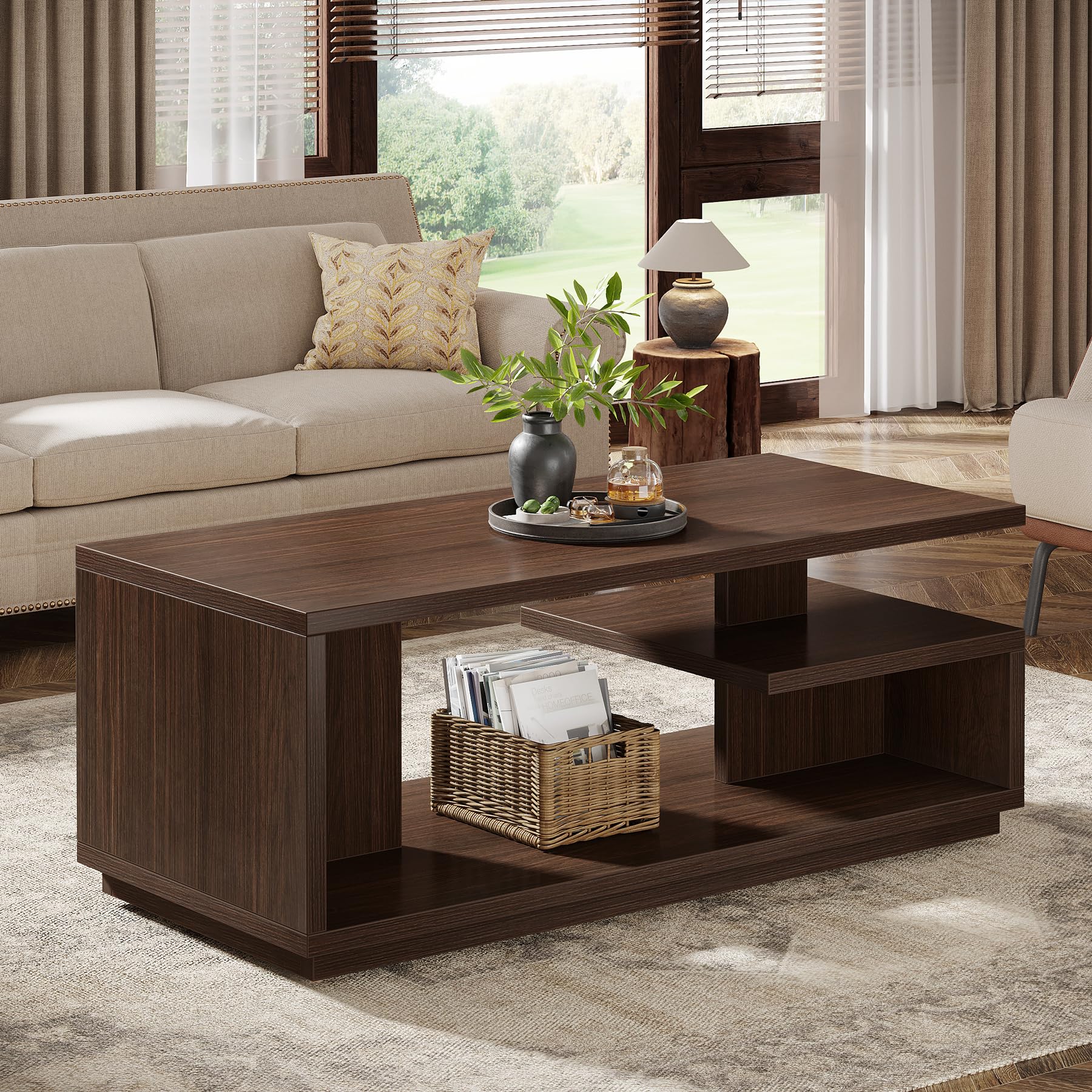47.24" Coffee Table with Storage Shelf, Mid-Century Modern Center Table