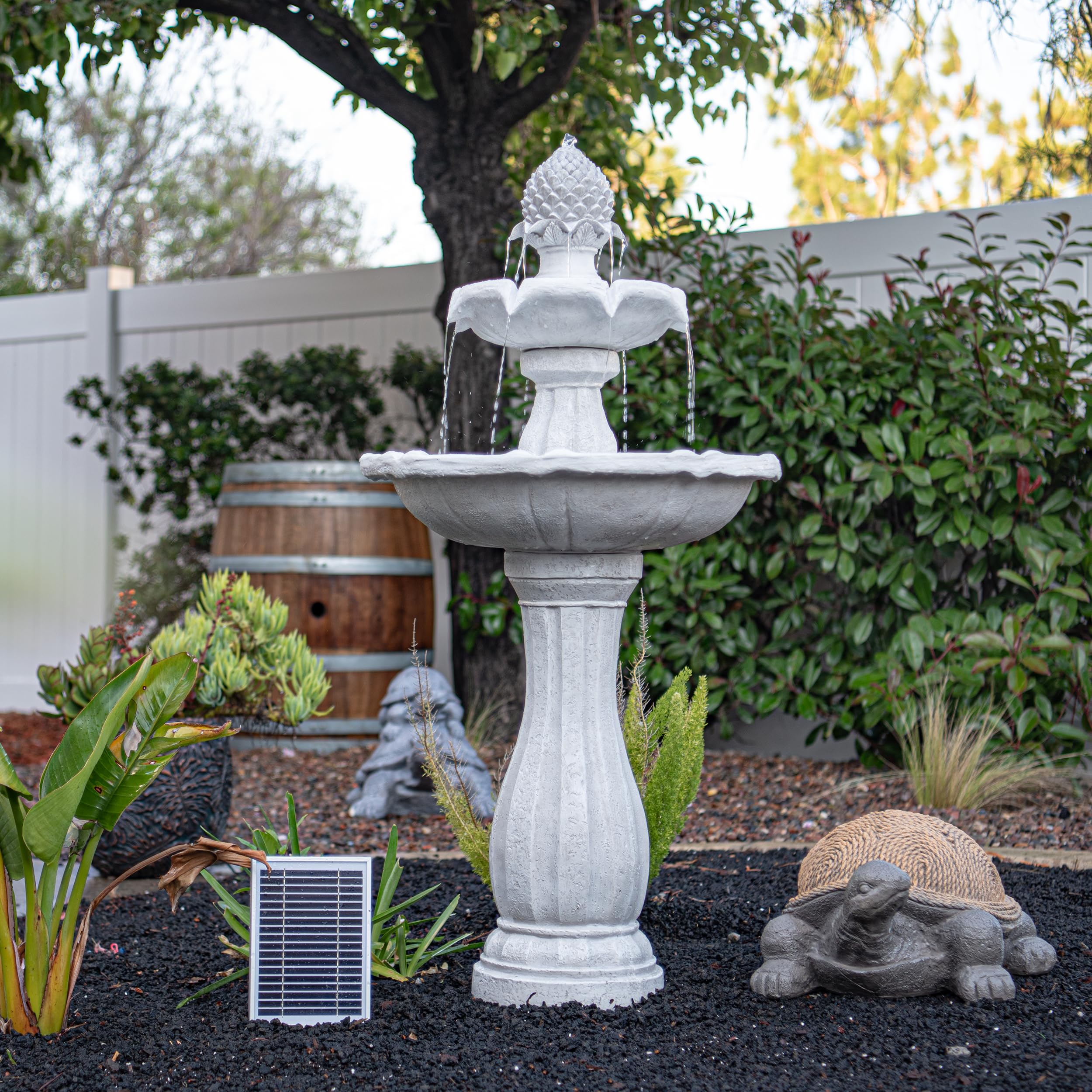 XBrand 44" Tall White Fiberglass/Resin 2-Tiered Solar Water Fountain w/Solar Panel and Auto-Shut Off Pump for Home Garden Yard Decor