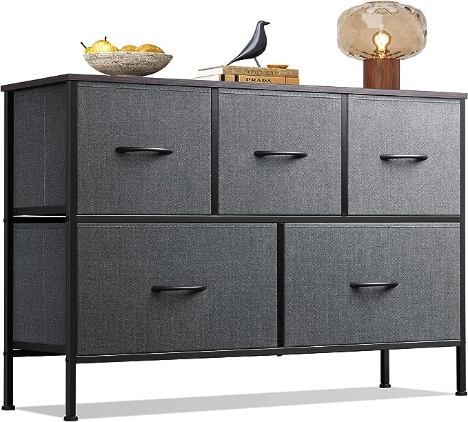 Dresser for Bedroom with 5 Drawers, Long Fabric Dresser