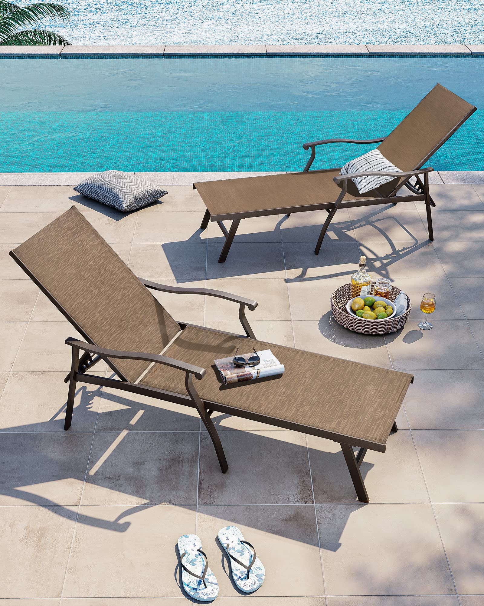Crestlive Products Aluminum Adjustable Chaise Lounge Chair Five-Position and Full Flat Outdoor Recliner All Weather 2PCS Brown