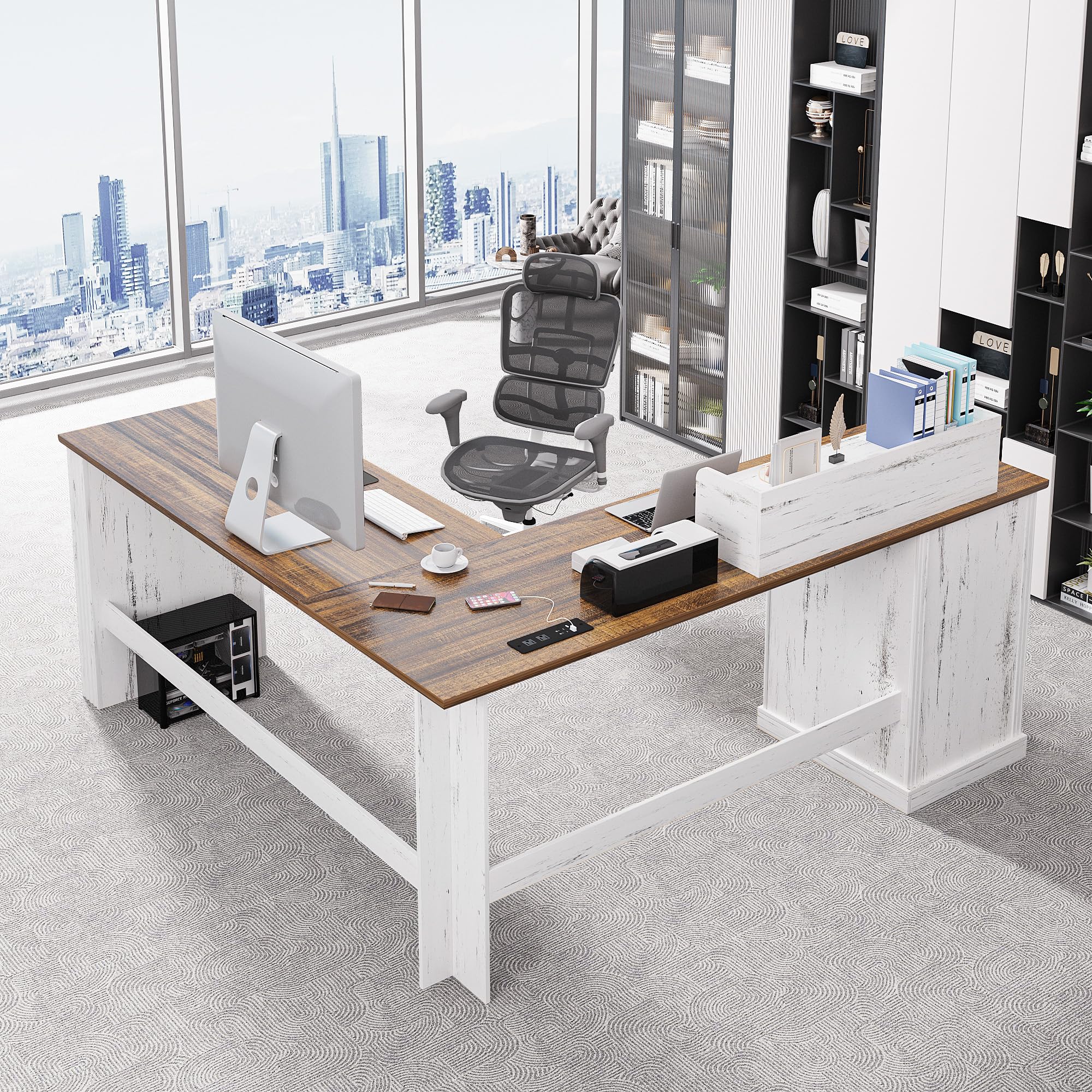 L Shaped Desk with Monitor Stand Farmhouse Computer Desk