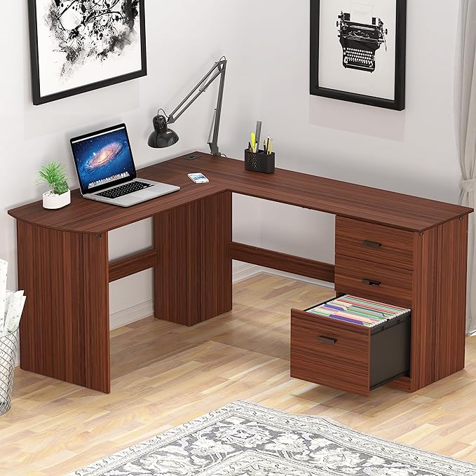 L-Shaped Home Office Wood Corner Desk with 3 Drawers