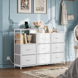 White Dresser TV Stand for Bedroom with Charging Station and Open Shelves, Fabric