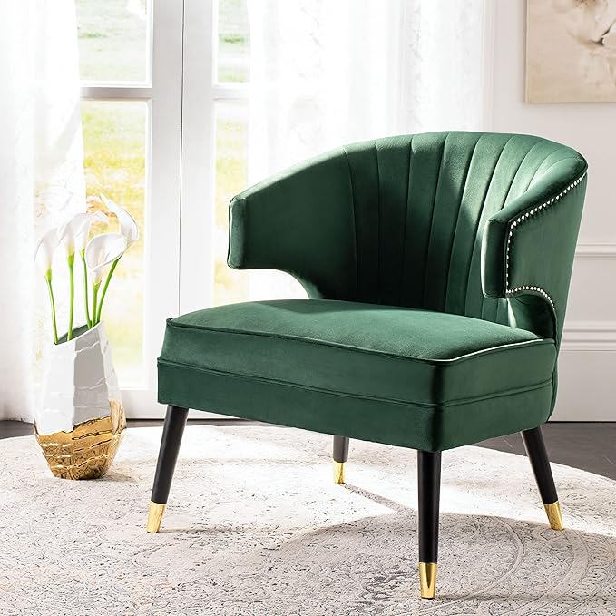 Home Stazia Retro Glam Navy Velvet and Black Wingback Accent Chair