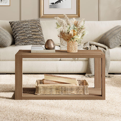 Farmhouse Wood Coffee Table - Boho Table with Storage Shelf