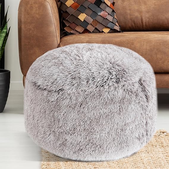 Fluffy Pouf Ottoman with Down-Alternative Filling, Stuffed Round Faux Fur Pouf