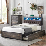 King Bed Frame with Storage Upholstered Headboard and 4 Drawers, Farmhouse Metal