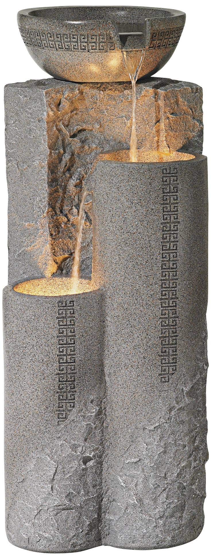 Bowl and Pillar Zen Modern Outdoor Floor Water Fountain 34 1/2" High with LED Light