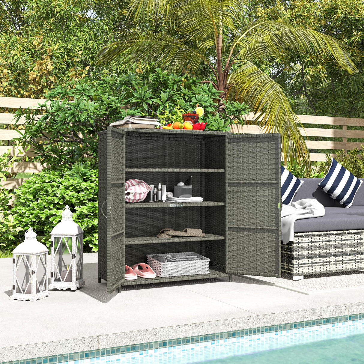 Wicker Outdoor Storage Cabinet with Shelves, 4-Shelf Outdoor Pool Towel Storage