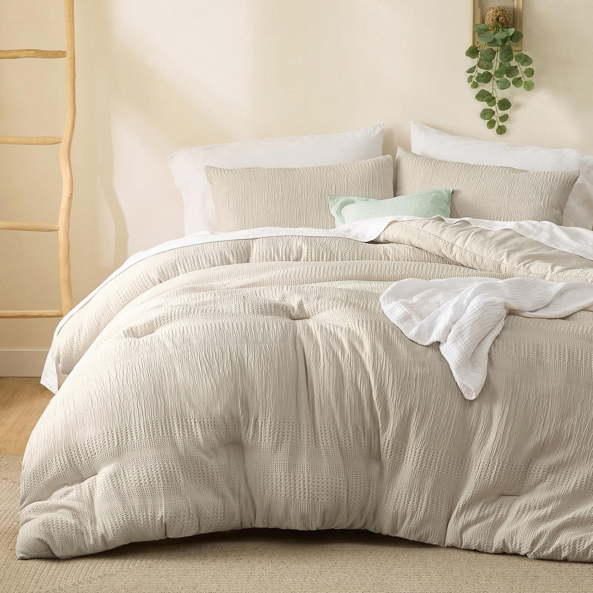 Waffle Comforter Set Queen, Beige Boho Bedding Comforter Set for All Seasons